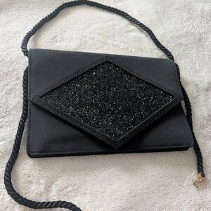 Vintage Christian Dior Black Envelope Evening Bag - Glitter & Rope Strap